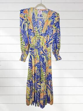 Banjanan Pearl Midi Dress Long Sleeve Ruffles Yellow Blue Boho Bohemian Small